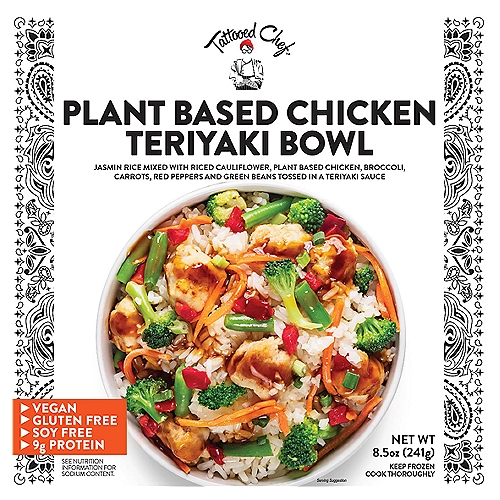 Tattooed Chef Plant Based Chicken Teriyaki Bowl, 8.5 oz
Jasmin Rice Mixed with Riced Cauliflower, Plant Based Chicken, Broccoli, Carrots, Red Peppers and Green Beans Tossed in a Teriyaki Sauce