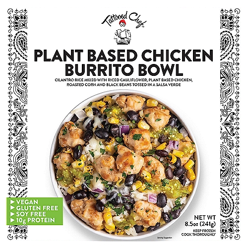 Tattooed Chef Plant Based Chicken Burrito Bowl, 8.5 oz
Cilantro Rice Mixed with Riced Cauliflower, Plant Based Chicken, Roasted Corn and Black Beans Tossed in a Salsa Verde