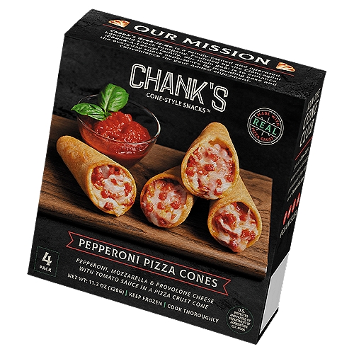 Chank's Pepperoni Pizza Cones, 4 count, 11.3 oz
Pepperoni, Mozzarella & Provolone Cheese with Tomato Sauce in a Pizza Crust Cone