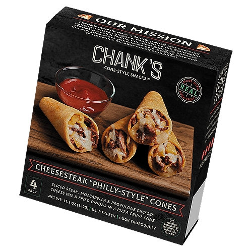 Chank's Cone-Style Snacks Cheesesteak "Philly-Style" Cones, 4 count, 11.3 oz
Sliced Steak, Mozzarella & Provolone Cheeses, Cheese Wiz & Fried Onions in a Pizza Crust Cone