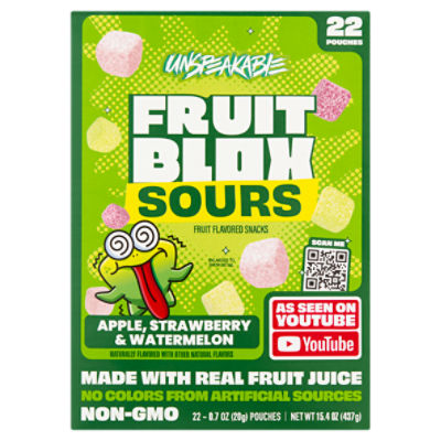 FruitBlox Unspeakable Sour Fruit Snacks, Apple Strawberry and Watermelon, 22 Count