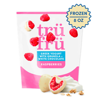 Trü Frü Greek Yogurt with White Chocolate + Granola Frozen Fresh Raspberries, 8 oz