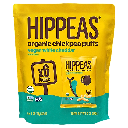 Hippeas Vegan White Cheddar Flavored Organic Chickpea Puffs, 1 oz, 6 count
4g protein*
3g fiber*
*per 1oz serving

What are Hippeas Puffs, Man?
Hippeas Organic Chickpea Puffs are made from the small, but mighty chickpea—baked into a light, crunchy puff.