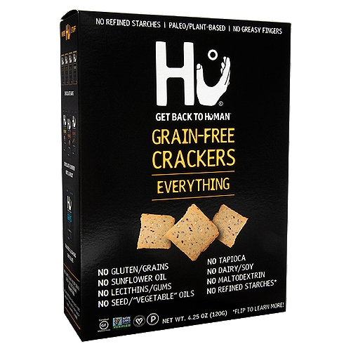 Hu Everything Grain-Free Crackers, 4.25 oz
No Refined Starches*
*Flip to Learn More!
*Did You Know? :
Hu Crackers do Not use refined or isolated starches. The most common refined starches found in crackers today are tapioca starch (often listed as just ''tapioca'') and potato starch. Instead of this refined/isolated starches, Hu Crackers use the whole cassava root dried and ground.
