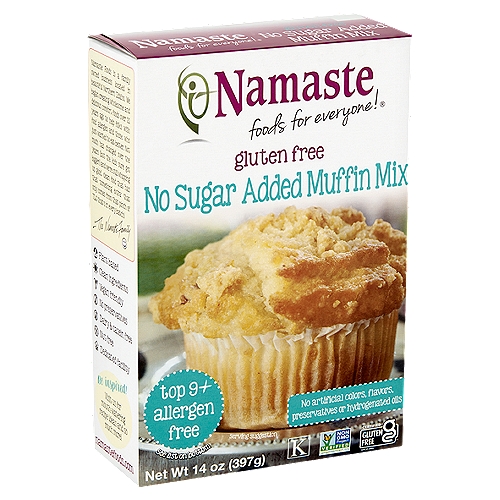Namaste Gluten Free No Sugar Added Muffin Mix, 14 oz
This product is free from:
✓ wheat
✓ gluten
✓ egg
✓ dairy
✓ peanuts
✓ tree nuts
✓ crustaceans
✓ sulfites
✓ sesame
✓ lupin
✓ celery
✓ soy
✓ mustard
✓ shellfish
✓ fish