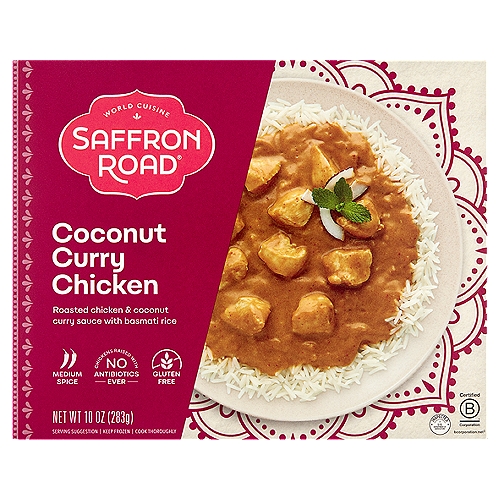 Saffron Road Coconut Curry Chicken with Basmati Rice, 10 oz
Tender White Meat Chicken in a Warmly Spiced Curry of Coconut Milk and Yogurt

Journey to Better®
Adventure with us through tropical coconut palms on a journey to culinary excellence.
Did you know that...
Sometime during Medieval India, the Mughals first created their own version of curry. They set a pot over a very low fire, then carefully braised the meat and vegetables, taking their time to meld the flavors from a variety of warming spices and coconut milk. Our traditionally mildly spiced Mughlai curry or "Korma" adds some yogurt to make it even richer and is served with our premium imported and aromatic Basmati rice. Truly, it's a regal dish fit for kings.

Chicken raised with care†
† Our family farmed chicken are fed a 100% vegetarian diet, mindfully handled with proper shelter and resting areas promoting healthy behavior, and never, ever given antibiotics.

Our coconut curry chicken features: Coconut Cream, Yogurt, Garlic, Ginger, Turmeric