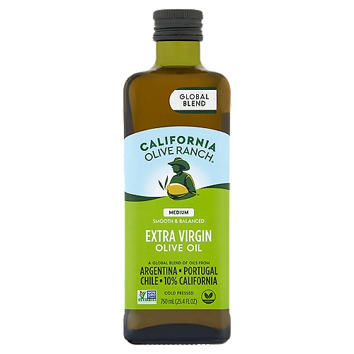 CALIFORNIA OLIVE RANCH Medium Smooth & Balanced Global Blend Extra Virgin Olive Oil, 25.4 fl oz
A Global Blend of Oils from Argentina, Portugal, Chile, 10% California

Our Extra Virgin Olive Oil features a well-rounded, balanced flavor that makes this an ideal oil for everyday cooking and baking.