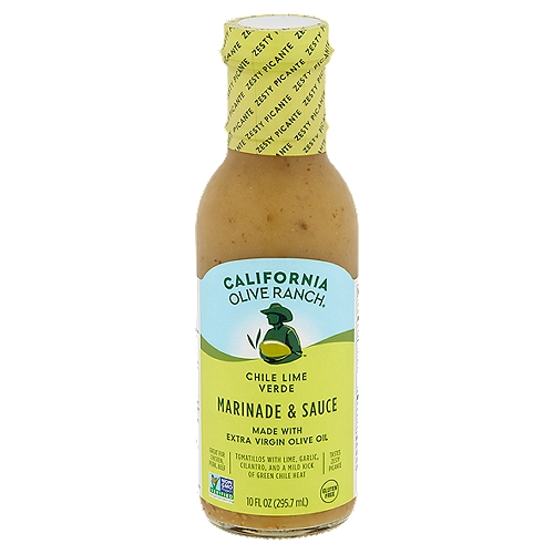 California Olive Ranch Chile Lime Verde Marinade & Sauce, 10 fl oz
Discovery Starts in the Bottle
Bring the vibrant flavors of Mexico to your table with our delicious extra virgin olive oil-based marinade and sauce. Our zesty recipe is California crafted with the perfect balance of tomatillos, cilantro, garlic, lime and picante green chiles.