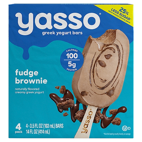 Yasso Fudge Brownie Greek Yogurt Bars, 3.5 fl oz, 4 count
Naturally Flavored Frozen Greek Yogurt

Spatula-lickers, meet your match.
Our fudge brownie bar is a dream for gooey-middlers and corner-piecers alike. Ridiculously creamy chocolate frozen greek yogurt is mixed with big ol' brownie chunks and a swirl of fudgy chocolate for good measure. Enjoy! 
Amanda & Drew Founders