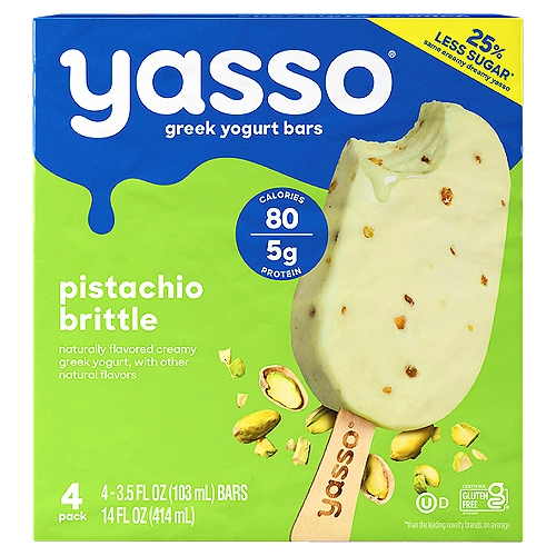 Yasso Pistachio Brittle Greek Yogurt Bars, 3.5 fl oz, 4 count
Pistachio Brittle Flavored with Other Natural Flavors Frozen Greek Yogurt

Pistachi-OMG
We took naturally flavored with other natural flavors pistachio frozen Greek yogurt and blended in pistachio brittle pieces that don't skimp on the nuts. Any more details than that, and well, you'd be talking to witness protection. Enjoy!
Amanda & Drew Founders