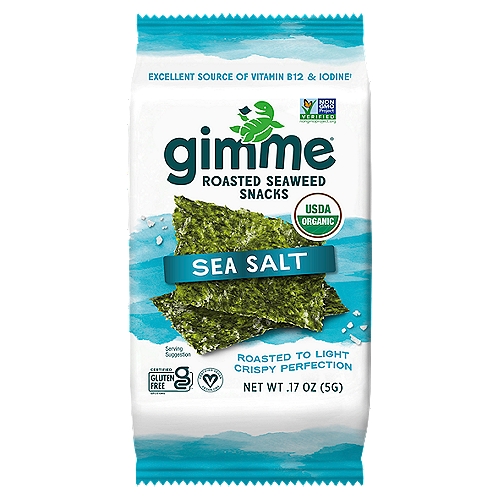 Gimme Organic Sea Salt Premium Roasted Seaweed, .17 ozReady for something new? gimMe harvests and curates the highest quality, best tasting seaweed on this precious planet. Enjoy gimMe's Roasted Seaweed Snacks and prepare for an umami adventure. Enjoy! Annie & Steve, gimMe founders