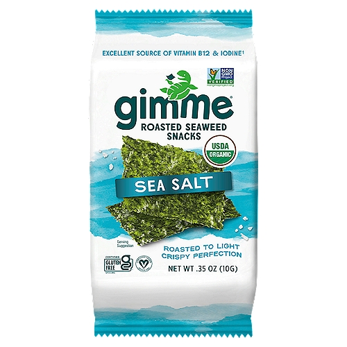 Gimme Sea Salt Roasted Seaweed Snacks, .35 oz
Excellent Source of Vitamin B12 & Iodine†
†See nutrition information for total fat content.

Delicious, Nutritious, Snackable Fun!™
Powered by one of the world's most nutrient-dense veggies, our seaweed snacks are craveably crafted to deliver an amazing crispy crunch with a salty umami flavor that will have you saying ''gimMe more!''