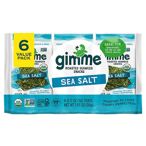 Gimme Sea Salt Roasted Seaweed Snacks Value Pack, 0.17 oz, 6 count
Excellent Source of Vitamin B12 & Iodine†
†See nutrition information for total fat content.

Delicious, Nutritious, Snackable Fun!™
Powered by one of the world's most nutrient-dense veggies, our seaweed snacks are craveably crafted to deliver an amazing crispy crunch with a salty umami flavor that will have you saying ''gimMe more!''