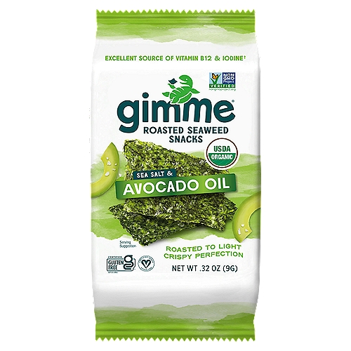 Gimme Sea Salt & Avocado Oil Roasted Seaweed Snacks, .32 oz
Excellent Source of Vitamin B12 & Iodine†
†See nutrition information for total fat and saturated fat content.

Delicious, Nutritious, Snackable Fun!™
Powered by one of the world's most nutrient-dense veggies, our seaweed snacks are craveably crafted to deliver an amazing crispy crunch with a salty umami flavor that will have you saying ''gimMe more!''
