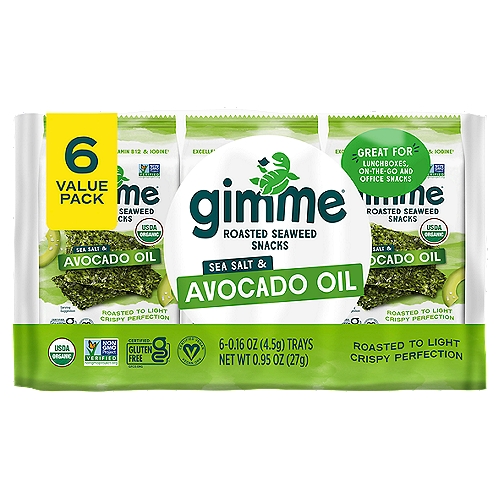 Gimme Sea Salt & Avocado Oil Roasted Seaweed Snacks Value Pack, 0.16 oz, 6 count
Excellent Source of Vitamin B12 & Iodine†
†See nutrition information for total fat and sodium content.

Delicious, Nutritious, Snackable Fun!™
Powered by one of the world's most nutrient-dense veggies, our seaweed snacks are craveably crafted to deliver an amazing crispy crunch with a salty umami flavor that will have you saying ''gimMe more!''