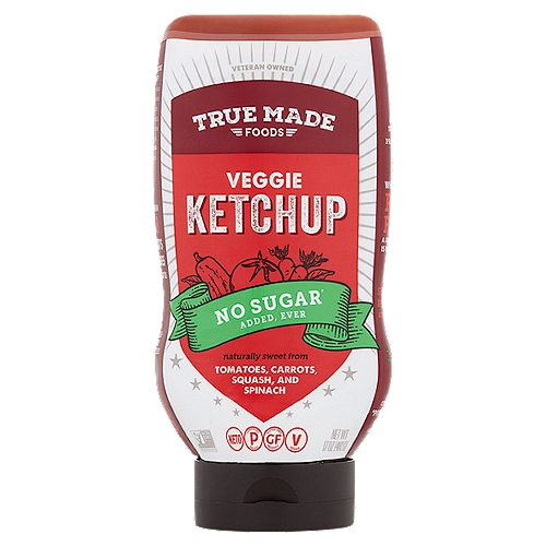 True Made Foods Veggie Ketchup, 17 oz
No Sugar* Added, Ever
*See nutrition panel for sugar & calorie content.
