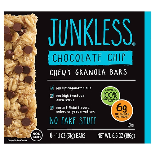 Junkless Chocolate Chip Chewy Granola Bars, 1.1 oz, 6 count
Less Sugar*, More Taste!
Most snack bars have too much sugar or worse, they contain sugar alcohols. Not so at Junkless! Each Junkless Chewy Granola Bar contains less sugar than 1/2 a medium sized banana! You'll be surprised just how good Junkless tastes!
* As compared to national brands on a sugar gram per gram of food basis. Junkless chewy granola bars contain 6g of sugar per 31g bar.