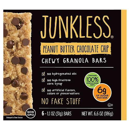 Junkless Peanut Butter Chocolate Chip Chewy Granola Bars, 1.1 oz, 6 count
Less Sugar*. More Taste!
Most snack bars have too much sugar or worse, they contain sugar alcohols. Not so at Junkless! Each Junkless Chewy Granola Bar contains less sugar than 1/2 a medium-sized banana! You'll be surprised just how good Junkless tastes!
* As compared to national brands on a sugar gram per gram of food basis Junkless chewy granola bars contain 6g of sugar per 37g bar.