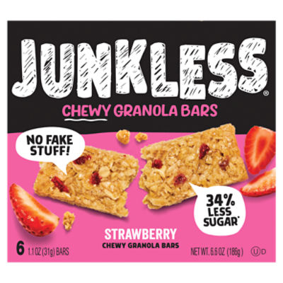 Junkless 100% Real Strawberries Chewy Granola Bars, 1.1 oz, 6 count
