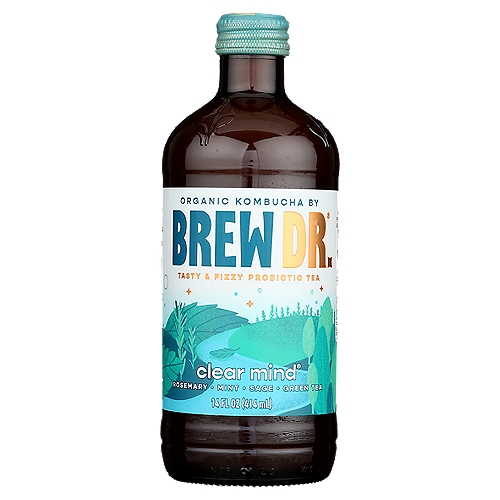 Brew Dr. Kombucha Organic Clear Mind Kombucha, 14 fl oz
Alcohol Extracted*
*Non-alcoholic: less than 0.5% alc/vol

Tasting notes
Bright & Invigorating
This brilliant blend of rosemary, mint, sage and green tea creates a distinctly smooth herbal flavor worth savoring.