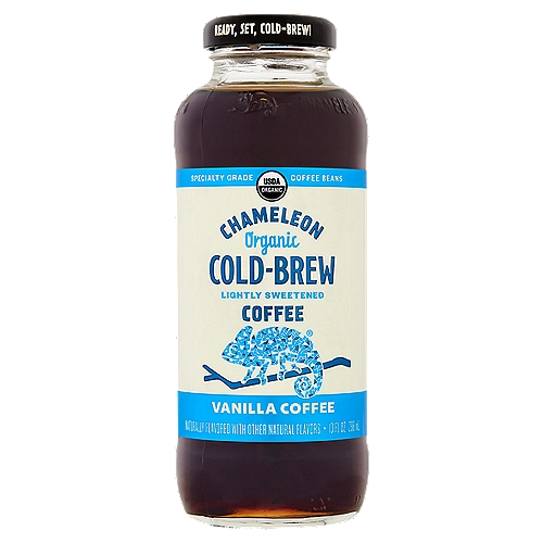 Chameleon Cold-Brew Organic Lightly Sweetened Vanilla Coffee, 10 fl oz
Raise Your Coffee Standards
This rich and well-rounded vanilla flavor is the perfect one-of-a-kind cold-brew coffee. Each batch is expertly crafted to deliver low acid, super smooth coffee—every time.

Why We Source the Top 2% of the World's Coffee Beans
Organic, consciously crafted cold-brew matters. That's why only 2% of the world's coffee beans meet our quality standards by being certified organic, specialty grade and sustainably sourced.

Caffeine Meter per Serving
Waking Up: 0 mg; Slow & Steady: 100 mg; Makin' Moves: 200 mg; Buzzin' Hard: 300 mg