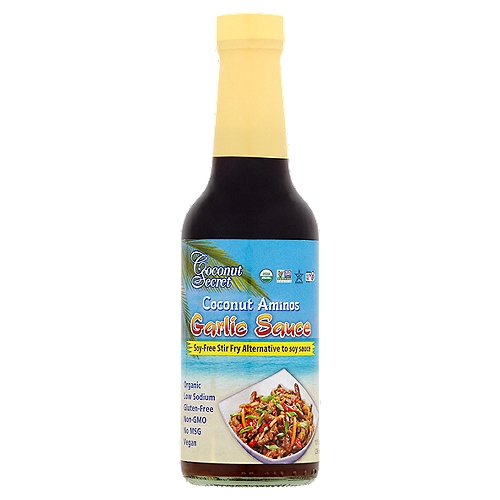 Coconut Secret Coconut Aminos Garlic Sauce, 10 fl oz
Soy-Free Stir Fry Alternative to soy sauce

Health Secrets of Coconut Aminos Garlic Sauce
When the coconut tree is tapped it produces a highly nutrient-rich ''sap'' that exudes from the coconut blossoms. This sap is very low glycemic (GI of only 35) and contains a wide range of minerals, vitamin C, broad-spectrum B vitamins, 17 amino acids, and has a nearly neutral pH.

A new innovation in soy-free Asian cuisine, our Garlic Sauce made from this natural sap is a savory infusion of our signature Coconut Aminos with garlic and other spices, creating an exceptional stir-fry seasoning sauce ~ without the soy, cane sugar and excess salt.