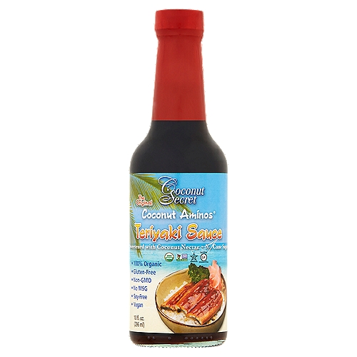Coconut Secret Coconut Aminos The Original Teriyaki Sauce, 10 fl oz
Health Secrets of Coconut Aminos Teriyaki Sauce
When the coconut tree is tapped, it produces a nutrient-rich ''sap'' that exudes from the coconut blossoms. This sap is very low glycemic (GI of only 35) and contains a wide range of minerals, vitamin C, broad-spectrum B vitamins, 17 amino acids, and has a nearly neutral pH.

Our certified organic Teriyaki Sauce made from this natural sap, starts with our own original Coconut Aminos and nectar infused with aromatic spices, creating the first every soy-free Teriyaki Sauce for all your Asian-style cuisine.