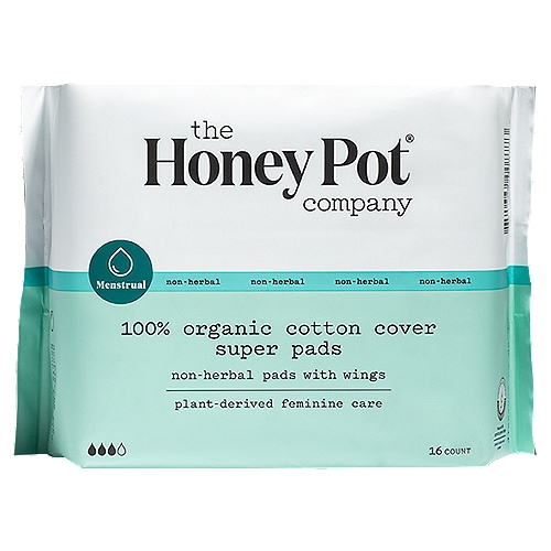 The Honey Pot Menstrual Non-Herbal 100% Organic Cotton Cover Super Pads, 16 count