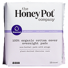 The Honey Pot Non-Herbal 100% Organic Cotton Cover Overnight Pads with Wings, 12 count