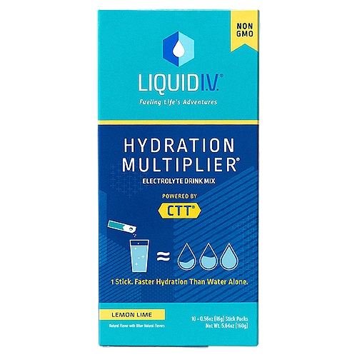 Liquid I.V. Hydration Multiplier Lemon Lime Electrolyte Drink Mix, 10 count, 5.65 oz
Dehydration Occurs Daily in 3 Out of 4 People
Signs of dehydration can include:
Fatigue, dizziness, headaches, confusion, muscle cramps, increased heart rate, dry mouth, thirst, muscle fatigue, bad breath, dark urine, brain fog, dry skin, infrequent urination & more

Why Liquid I.V.?
2-3x more hydration than water alone - Utilizing Cellular Transport Technology (CTT)®
3x the electrolytes of traditional sports drinks
5 essential vitamins - B3, B5, B6, B12 and vitamin C
Great taste - Natural lemon lime flavor

Our Winning Difference
The breakthrough science of Cellular Transport Technology (CTT) is an optimal ratio of nutrients that delivers hydration rapidly into your bloodstream, hydrating you 2-3x faster and more efficiently than water alone.
Sodium + potassium + glucose + water = CTT®
This leading science depends on Non-GMO sugar + mined salt strictly for function, not taste.
Think of CTT® as an expedited water delivery system in your body.
The Result: Feel better. Faster.