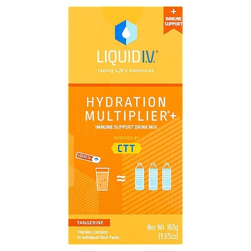 Liquid I.V. Hydration Multiplier Tangerine Immune Support Drink Mix, 0.56 oz, 10 count
Immune Support Blend
Vitamin C - 560% daily value
Wellmune® - Naturally sourced beta glucan
Zinc - 90% daily value

Why Liquid I.V. with Immune Support?
Immune support blend
5x the daily value of vitamin C combined with zinc and Wellmune® designed to maintain and strengthen the immune system.
The power of CTT®
Designed to enhance rapid absorption of water and other nutrients.
Convenient
Travel-friendly, single serving packets
Great taste
Natural tangerine flavor

Our Winning Difference
The breakthrough science of Cellular Transport Technology (CTT)®.
Sodium + potassium + glucose + water = CTT®
This leading science depends on Non-GMO sugar + mined salt strictly for function, not taste.
Think of CTT® as an expedited water delivery system in your body.
The Result: More fuel for life's adventures.