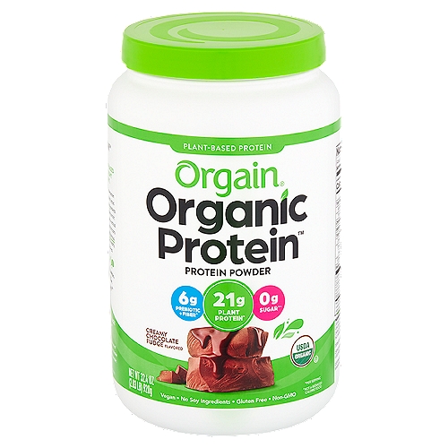 Orgain Organic Protein Creamy Chocolate Fudge Flavored Protein Powder, 32.4 oz
6g Prebiotic + Fiber*
21g Plant Protein*
0g Sugar*^

Good Clean Nutrition™

Cleaner Ingredients
Powders made from
Organic Pea Protein
Organic Cocoa
Organic Brown Rice
Organic Chia Seeds

Our 0g Plant-Based Protein Doesn't Give a Grit.
Our best-selling plant-based protein powder is as clean as it gets. Crafted with Certified USDA Organic ingredients hand-selected for maximum nutrition, it's made without soy, gluten, or artificial flavors, and not even one drop of dairy. Simply put, it's a downright delicious, hard-working protein that's creamy, never gritty, and oh-so-real.

The scoop:
21g oh-so-smooth protein, 6g prebiotic + fiber, and 0g sugar.*^
*Per Serving
^Not a Reduced Calorie Food
