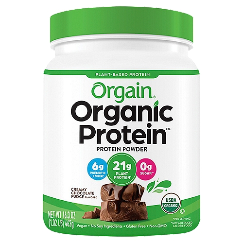 Orgain Organic Protein Creamy Chocolate Fudge Flavored Protein Powder, 16.3 oz
Good, Clean Nutrition™

Cleaner Ingredients powders made from
Organic Pea Protein
Organic Cocoa
Organic Brown Rice
Organic Chia Seeds

Higher Standards
No dairy ingredients
No soy ingredients
Gluten free
Non-GMO
Vegan

Our OG Plant-Based Protein Doesn't Give a Grit.
Our best-selling plant-based protein powder is as clean as it gets. Crafted with Certified USDA Organic ingredients hand-selected for maximum nutrition, it's made without soy, gluten, or artificial flavors, and not even one drop of dairy. Simply put, it's a downright delicious, hard-working protein that's creamy, never gritty, and oh-so-real.

The scoop: 21g oh-so-smooth protein, 6g prebiotic + fiber, and 0g sugar.*ˆ
*Per serving
ˆNot a Reduced Calorie Food