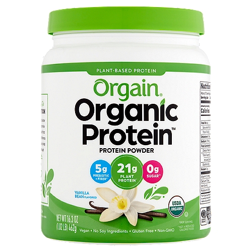 Orgain Organic Protein Plant-Based Protein Powder, 16.3 oz
5g Prebiotic + Fiber
21g Plant Protein*
0g Sugar*^

Our 0g Plant-Based Protein Doesn't Give a Grit.
Our best-selling plant-based protein powder is as clean as it gets. Crafted with Certified USDA Organic ingredients hand-selected for maximum nutrition, it's made without soy, gluten, or artificial flavors, and not even one drop of dairy. Simply put, it's a downright delicious, hard-working protein that's creamy, never gritty, and oh-so-real.

The scoop:
21g oh-so-smooth protein, 5g prebiotic + fiber, and 0g sugar.*^

Cleaner Ingredients
Powders Made From
Organic Acacia
Organic Brown Rice
Organic Chia Seeds

*Per Serving
^Not a Reduced Calorie Food