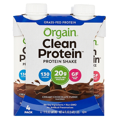 Orgain Clean Protein Creamy Chocolate Fudge Flavored Protein Shake, 4 count, 44 fl oz
Cleaner Ingredients
100% New Zealand Sourced
Pasture-Raised Milk Protein
Organic Agave
Cocoa Powder
Monk Fruit Extract

Protein that's Yum-Believable.
Goodbye chalky, gritty protein. Hello, creamy smoothies in every sip. Our Clean Protein shakes are non-GMO, have no carrageenan or artificial preservatives or flavors. These babies are packed with protein and swoon-worthy flavor to serve up goodness that keeps you fueled, no matter where you are.

Simply put: 20g grass-fed milk protein, no artificial flavors, colors or preservatives and much yum.