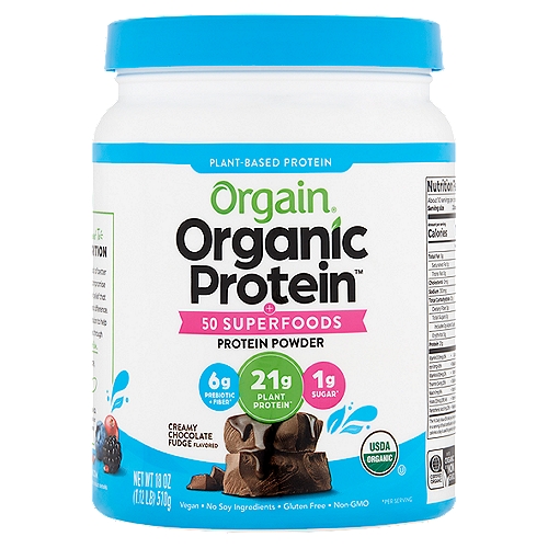 Orgain Organic Protein Creamy Chocolate Fudge Flavored 50 Superfoods Protein Powder, 18 oz
Our Protein + Superfoods is our best-selling organic, plant-based protein powder taken to the next level. Now serving up 21g of organic vegan protein alongside 50 organic superfoods. Supercharge your day.

Orgain Organic Protein + Superfoods is our best-selling organic, plant-based protein powder taken to the next level. Enjoy 21g of our unique blend of organic, vegan protein along with the added benefits of 50 organic superfoods like kale, flax, chia, quinoa, beet, and turmeric, you can bet this organic protein powder packs good, clean nutrition. Plus with 5-6g* prebiotic + fiber, your gut will thank you. Supercharge your nutrition with every serving. This smooth and creamy powder can be enjoyed as a protein shake mixed with your liquid of choice (we love almond milk), as a delicious addition to a morning smoothie, or even baked into your next batch of cookies (the kids will never know there's a healthy twist in every bite). Go ahead, scoop things up a notch, and power through whatever the day throws your way. *Varies by flavor