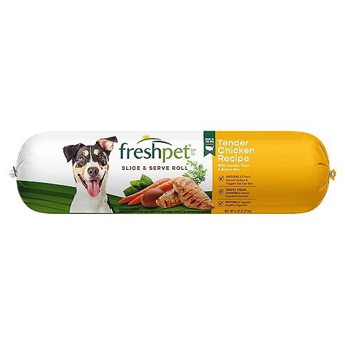 Freshpet Healthy & Natural Dog Food, Fresh Chicken Roll, 6lb
Tender Chicken Recipe with Carrots, Peas & Brown Rice

Real Food - Fresh from the Fridge®

This 6 Lb Package of Freshpet Select is Made with...
3.4 Lbs of US Farm Raised Chicken & Chicken Liver
16.5 Oz of Garden Vegetables
4.8 Oz of Brown Rice + Essential Vitamins & Minerals
4 Eggs

Freshpet® Select Tender Chicken Recipe with Carrots, Peas & Brown Rice is formulated to meet the nutritional levels established by the AAFCO Dog Food Nutrient Profiles for adult maintenance.

The Only Preservative We Use is the Fridge