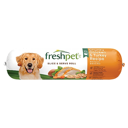 Freshpet Healthy & Natural Dog Food, Fresh Chicken & Turkey Roll, 1.5lb
Real Food - Fresh from the Fridge®

Prepared in our Freshpet® Kitchens

This 1.5 Lb Package of Freshpet® Select is Made with...
15.5 Oz of US Farm Raised Chicken, Turkey & Chicken Liver
2.5 Oz of Garden Vegetables
1.5 Oz of Brown Rice + Essential Vitamins & Minerals
1 Egg

Freshpet® Select Chunky Chicken & Turkey Recipe with Carrots & Brown Rice is formulated to meet the nutritional levels established by the AAFCO Dog Food Nutrient Profiles for adult maintenance.