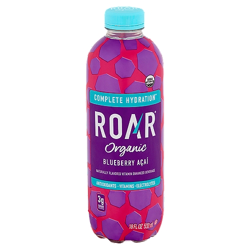 Roar Organic Blueberry Açaí Beverage, 18 fl oz
Naturally Flavored Vitamin Enhanced Beverage

Complete Hydration™
Electrolyte Infused Hydration
Vitamins 100% Daily Value per Bottle - C, B5, B6, B12
Antioxidants Excellent Source - A, C, E
Organic Coconut Water from Concentrate