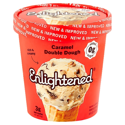 Enlightened Keto Caramel Chocolate Double Dough Ice Cream, 1 pint
7g net carbs* per pint
*50g Carbs - 15g Fiber - 18g Sugar Alcohol - 10g Allulose = 7g Net Carbs per Pint

0g added sugar†
†Not a low calorie food. See nutrition information for calorie and sugar content.

Caramel and chocolate ice cream with brownie bites and cookie dough