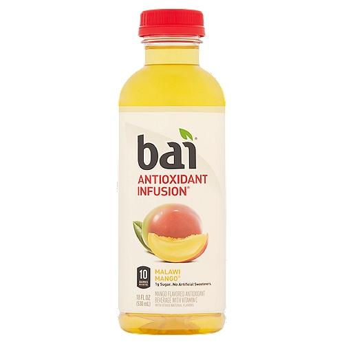 Bai Antioxidant Infusion Malawi Mango Antioxidant Beverage, 18 fl oz
Mango Flavored Antioxidant Beverage with Vitamin C with Other Natural Flavors

1 net carb per serving (Erythritol carbs have no calories or effect on blood sugar)

Antioxidants (per bottle): 13.5mg vitamin C; 100mg polyphenols from tea and coffeefruit extracts

Everybody knows it takes two to mango. But you can mango with three or four people, too. Heck, you can mango with double digits if you're feeling frisky. With just 1 gram of sugar and no artificial sweeteners who could blame you?
But here's the thing - after one sip of this mouthwatering mango flavor, there's only one way you'll want to drink it: all by yourself.

Grab your Dancing shoes. Your Taste Buds are About to Mango Mambo.
