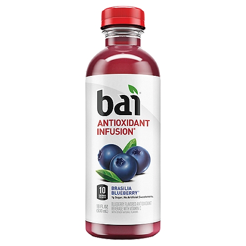 Bai Antioxidant Infusion Brasilia Blueberry Antioxidant Beverage, 18 fl oz
Blueberry Flavored Antioxidant Beverage with Vitamin C with Other Natural Flavors

2 net carbs per serving (Erythritol carbs have no calories or effect on blood sugar)

Antioxidants (per bottle): 13.5mg vitamin C; 100mg polyphenols from tea and coffeefruit extracts

Brasilia, Brazil - sounds fancy, right? Exotic. Adventurous, even. It sounds like a faraway place where legends would tell of a juicy treasure that tastes great and is good for you with just 1 gram of sugar and no artificial sweeteners.
So grab a whip and try to take this flavor from its tasty temple. Just don't get crushed running from a blueberry boulder.