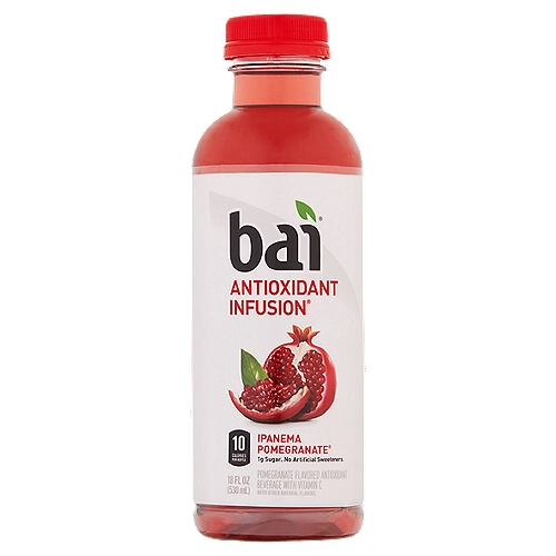 Bai Antioxidant Infusion Ipanema Pomegranate Antioxidant Beverage, 18 fl oz
Pomegranate Flavored Antioxidant Beverage with Vitamin C with Other Natural Flavors

1 net carb per serving (Erythritol carbs have no calories or effect on blood sugar)

Antioxidants (per bottle): 13.5mg vitamin C; 100mg polyphenols from tea and coffeefruit extracts

If your tongue had a mind, it'd be blown the minute it tasted this masterpiece. Is it sweet? Is it tangy? Is it a methaphor? Can you taste a metaphor? All we know is that it brings together great taste and good for you ingredients with pomegranate flavor so unreal, that it's really surreal.
So don't be surprised if your taste buds drop their business major and enroll in tart school.
