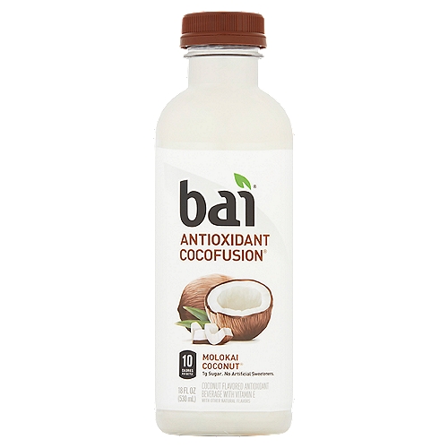 Bai Antioxidant Cocofusion Molokai Coconut Antioxidant Beverage, 18 fl oz
Coconut Flavored Antioxidant Beverage with Vitamin E with Other Natural Flavors

2 net carbs per serving (Erythritol carbs have no calories or effect on blood sugar)

Antioxidants (per bottle): 3mg vitamin E; 50mg polyphenols from green coffee bean and coffeefruit extracts

The flavor in this bottle is so coconutty, it'll instantly whisk your taste buds away to a relaxing hammock on a white sand beach, underneath a raging waterfall in the middle of a Hawaiian rainforest. Wait, what? How could you have all those things at once?
Well, it's kind of like how this bottle is packed full of tropical flavor, yet only has 1 gram of sugar and no artificial sweeteners. Sounds like a trip? Yeah, it's a non-stop flavorplane headed straight to the best of both worlds.