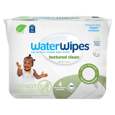WaterWipes Textured Clean 99.9% Water Based Toddler & Baby Wipes, 4 pack, 240 count