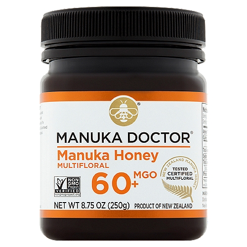 Manuka Doctor Manuka Honey Multifloral 60+ MGO, 8.75 oz
Manuka Doctor - specialist in high quality New Zealand Manuka Honey. This product meets the New Zealand Government's standard for Multifloral Manuka Honey. The MGO level is validated by independent labs in NZ. Guaranteed to contain at least 60+ MGO = 60mg/kg methylglyoxal.
From hive to home - Trusted and Traceable

New Zealand Made™

New Zealand Manuka Honey Science Definition Multifloral
3-PLA ≥ 20 to < 400 mg/kg
2-MAP ≥ 1mg/kg
2-MBA ≥ 1mg/kg
4-HPLA ≥ 1mg/kg
DNA < Cq 36
Tested Certified Manuka
