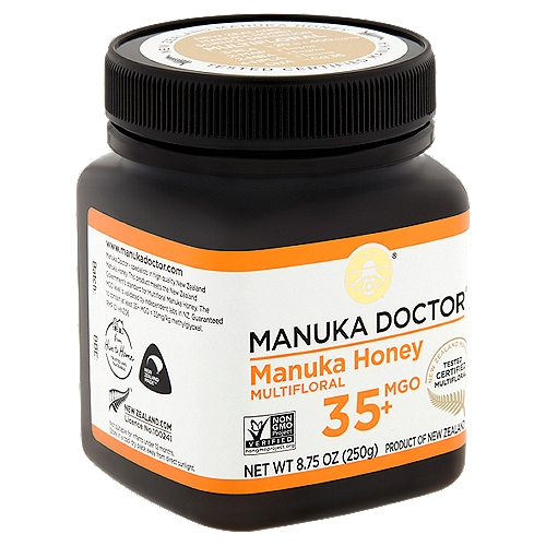 Manuka Doctor Multifloral 35+ MGO Manuka Honey, 8.75 oz
Manuka Doctor - specialist in high quality New Zealand Manuka Honey. This product meets the New Zealand Government's standard for Multifloral Manuka Honey. The MGO level is validated by independent labs in NZ. Guaranteed to contain at least 35+ MGO = 35mg/kg methylglyoxal.

New Zealand Manuka Honey Science Definition
Multifloral
3-PLA ≥ 20 to < 400 mg/kg
2-MAP ≥ 1mg/kg
2-MBA ≥ 1mg/kg
4-HPLA ≥ 1mg/kg
DNA < Cq 36