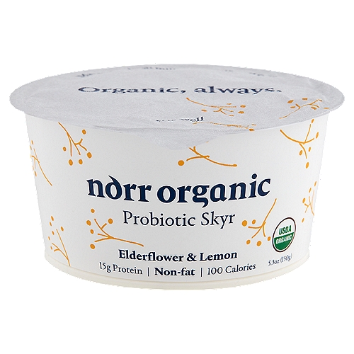 Norr Organic Elderflower & Lemon Probiotic Skyr, 5.3 oz
Our traditional Icelandic style skyr.
Simply clean organic ingredients & science-backed probiotics.

Savor our skyr with the fragrant taste of elderflower. A popular botanical, it has long been used as a curative remedy. We soak the sweet flowers in water, add lemon and cane sugar and get the true flavor of Nordic Midsummer.

Cultures: Bifidobacterium anim. s. lactis BB-12®, Lactobacillus rhamnosus, Lactobacillus delbrueckii s. bulgaricus, Streptococcus thermophilus