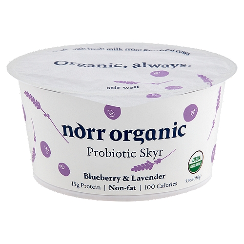 Norr Organic Blueberry & Lavender Probiotic Skyr, 5.3 oz
Our traditional Icelandic style skyr.
Simply clean organic ingredients & science-backed probiotics.
This take on the yogurt blues pairs organic blueberries with powerful drops of lavender extract. Not just a wonderful scent, lavender is also used to aid digestion, calm stress and make blueberry skyr a scrumptious spoonful.

Cultures: Bifidobacterium anim. s. lactis BB12®, Lactobacillus rhamnosus, Lactobacillus delbrueckii, Streptococcus thermophilus 