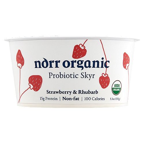 Norr Organic Strawberry & Rhubarb Probiotic Skyr, 5.3 oz
Our traditional Icelandic style skyr.
Simply clean organic ingredients & science-backed probiotics.

In the Northern latitudes, nothing heralds early summer like sweet strawberries and tart rhubarb. This classic couple pairs perfectly with creamy skyr and infuse it with sunshine and the feeling of warm summer grass beneath the feet.

Cultures: Bifidobacterium anim. s. lactis BB-12®, Lactobacillus rhamnosus, Lactobacillus delbrueckii s. bulgaricus, Streptococcus thermophilus